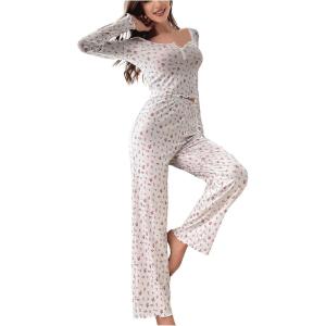 imageSHENHE Womens 2 Piece Pajama Sets Floral Ribbed Cute Pajama Long Sleeve Crop Top and Pant Lounge SetWhite