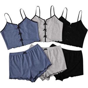 imageSHENHE Womens 3 Sets Cute Sleepwear Bow Front Lettuce Trim Cami and Shorts Pajama SetBlue Grey Black