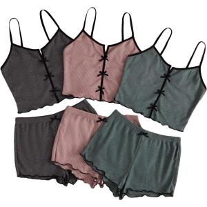 imageSHENHE Womens 3 Sets Cute Sleepwear Bow Front Lettuce Trim Cami and Shorts Pajama SetGrey Green Pink
