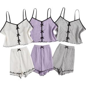 imageSHENHE Womens 3 Sets Cute Sleepwear Bow Front Lettuce Trim Cami and Shorts Pajama SetGrey White Purple