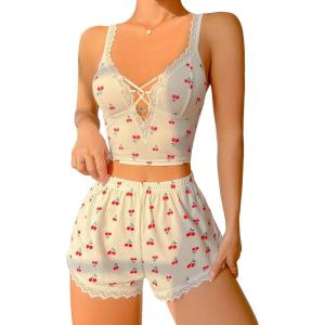 imageSHENHE Womens Cherry Print Cute Lace Trim Crop Cami and Shorts Ribbed Pajama SetWhite