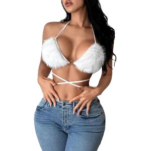 imageSHENHE Womens Criss Cross Strappy Backless Halter Neck Fuzzy Sexy Crop Top ClubwearWhite