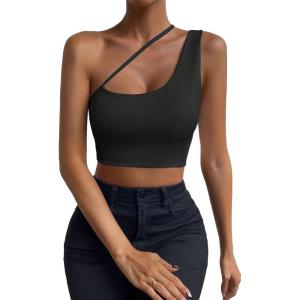 imageSHENHE Womens Cut Out One Shoulder Sleeveless Asymmetrical Fitted Crop Tank TopBlack