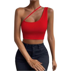 imageSHENHE Womens Cut Out One Shoulder Sleeveless Asymmetrical Fitted Crop Tank TopRed