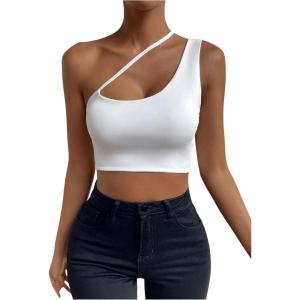 imageSHENHE Womens Cut Out One Shoulder Sleeveless Asymmetrical Fitted Crop Tank TopWhite