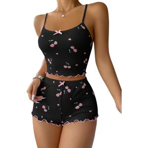 imageSHENHE Womens Cute Cherry Print Pajamas Crop Cami and Shorts Lettuce Trim Pj Lounge SetBlack