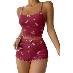 imageSHENHE Womens Cute Cherry Print Pajamas Crop Cami and Shorts Lettuce Trim Pj Lounge SetBurgundy