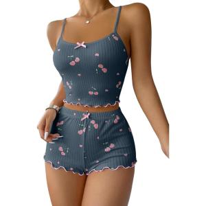 imageSHENHE Womens Cute Cherry Print Pajamas Crop Cami and Shorts Lettuce Trim Pj Lounge SetDark Grey