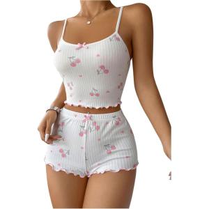 imageSHENHE Womens Cute Cherry Print Pajamas Crop Cami and Shorts Lettuce Trim Pj Lounge SetWhite
