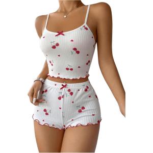 imageSHENHE Womens Cute Cherry Print Pajamas Crop Cami and Shorts Lettuce Trim Pj Lounge SetWhite Red Cherry