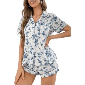 imageSHENHE Womens Floral Sleepwear Nightwear Button Pajama Set 2 Piece Casual Top and ShortsFloral Blue