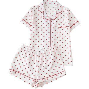 imageSHENHE Womens Floral Sleepwear Nightwear Button Pajama Set 2 Piece Casual Top and ShortsWhite Red Heats