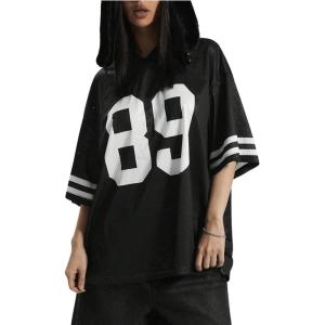 imageSHENHE Womens Mesh Football Jersey Oversized Number Graphic Short Sleeve Y2K Sport Tshirt TopBlack