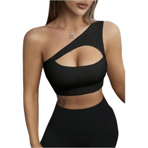 imageSHENHE Womens One Shoulder Cut Out Sports Bra Workout Gym Yoga Crop TopsBlack