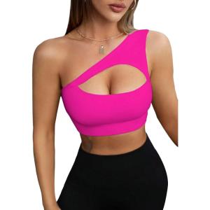 imageSHENHE Womens One Shoulder Cut Out Sports Bra Workout Gym Yoga Crop TopsHot Pink