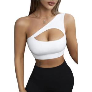 imageSHENHE Womens One Shoulder Cut Out Sports Bra Workout Gym Yoga Crop TopsWhite