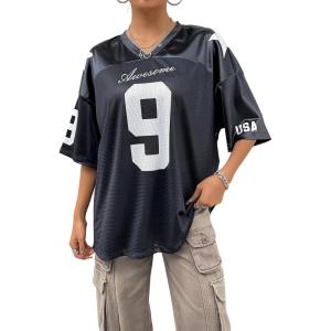 imageSHENHE Womens Oversized Jersey Shirt Y2k Letter Print Drop Shoulder V Neck Loose Mesh Tee TopsBlack
