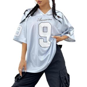 imageSHENHE Womens Oversized Jersey Shirt Y2k Letter Print Drop Shoulder V Neck Loose Mesh Tee TopsGrey