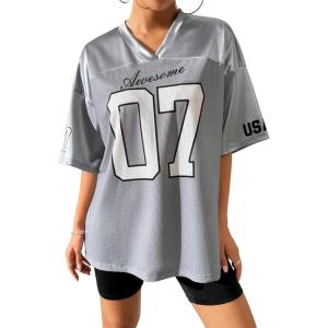 imageSHENHE Womens Oversized Jersey Shirt Y2k Letter Print Drop Shoulder V Neck Loose Mesh Tee TopsLight Grey
