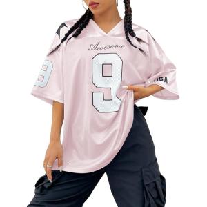 imageSHENHE Womens Oversized Jersey Shirt Y2k Letter Print Drop Shoulder V Neck Loose Mesh Tee TopsLight Pink