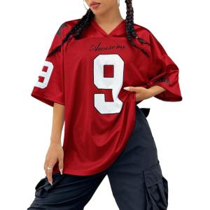 imageSHENHE Womens Oversized Jersey Shirt Y2k Letter Print Drop Shoulder V Neck Loose Mesh Tee TopsRed