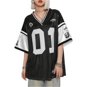 imageSHENHE Womens Oversized Letter Graphic Jersey Tee Color Block Short Sleeve Y2K Mesh Football Jersey TopsBlack
