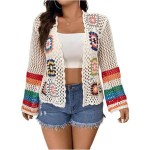 imageSHENHE Womens Plus Size Crochet Open Front Cardigan Bell Sleeve Sheer Hollow Out Boho Cardigans