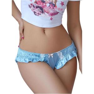 imageSHENHE Womens Satin Bikini Panty Tanga Ruffle Trim Bow Low Rise Underwear BriefBlue