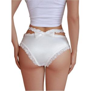 imageSHENHE Womens Satin Underwear Frilly Lace Trim Silky Bow Back Cute Low Rise Brief Panty Black Medium