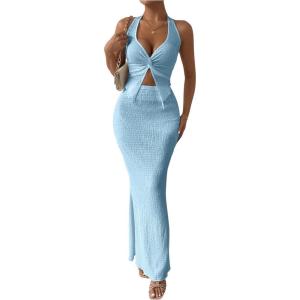 imageSHENHE Womens Sexy 2 Piece Outfits Twist Front Split Halter Crop Top and Bodycon Maxi Skirt SetBlue