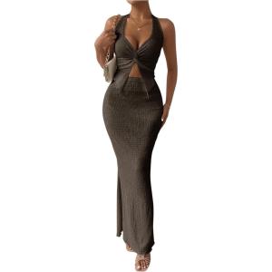 imageSHENHE Womens Sexy 2 Piece Outfits Twist Front Split Halter Crop Top and Bodycon Maxi Skirt SetCoffee Brown