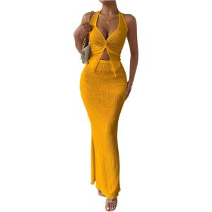 imageSHENHE Womens Sexy 2 Piece Outfits Twist Front Split Halter Crop Top and Bodycon Maxi Skirt SetGold