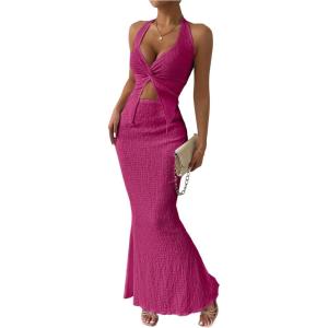 imageSHENHE Womens Sexy 2 Piece Outfits Twist Front Split Halter Crop Top and Bodycon Maxi Skirt SetHot Pink