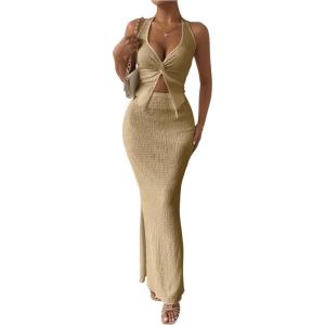 imageSHENHE Womens Sexy 2 Piece Outfits Twist Front Split Halter Crop Top and Bodycon Maxi Skirt SetKhaki