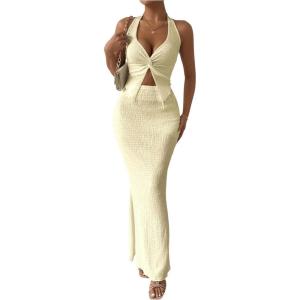 imageSHENHE Womens Sexy 2 Piece Outfits Twist Front Split Halter Crop Top and Bodycon Maxi Skirt SetLight Yellow