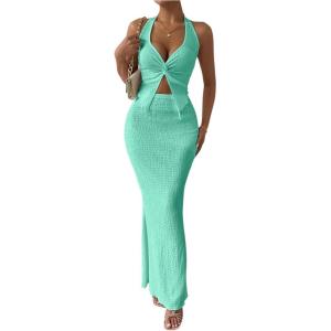 imageSHENHE Womens Sexy 2 Piece Outfits Twist Front Split Halter Crop Top and Bodycon Maxi Skirt SetMint Green
