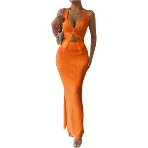 imageSHENHE Womens Sexy 2 Piece Outfits Twist Front Split Halter Crop Top and Bodycon Maxi Skirt SetOrange