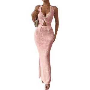 imageSHENHE Womens Sexy 2 Piece Outfits Twist Front Split Halter Crop Top and Bodycon Maxi Skirt SetPink