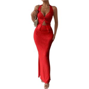imageSHENHE Womens Sexy 2 Piece Outfits Twist Front Split Halter Crop Top and Bodycon Maxi Skirt SetRed