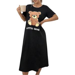 imageSHENHE Womens Short Sleeve Bear Nightgown Cute Sleep Shirt Nightshirt Long Pajama Dress Black Medium