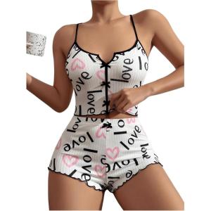 imageSHENHE Womens Sleepwear Heart Print Criss Cross Crop Top Cami and Shorts Pajama Short Set White Medium