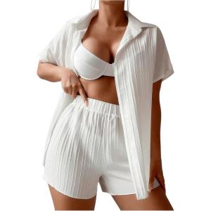 imageSHENHE Womens Two Piece Swim Cover Up Set Open Front Kimono and Shorts Set Beach OutfitsWhite