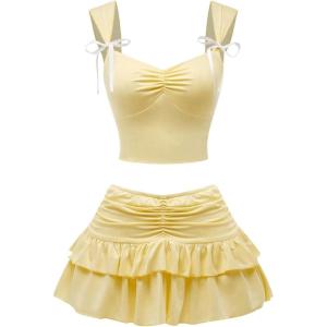 imageSHENHE Womens Y2k Sets 2 Piece Outfits Low Rise Ruched Ruffle Mini Skirt and Crop Tank Top SetYellow