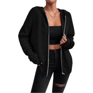 imageSHENHE Womens Zip Up Hooded Cardigan Drop Shoulder Casual Knitwear Sweater JacketBlack