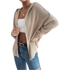 imageSHENHE Womens Zip Up Hooded Cardigan Drop Shoulder Casual Knitwear Sweater JacketKhaki
