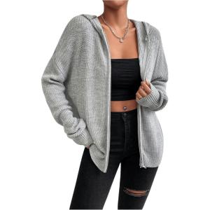 imageSHENHE Womens Zip Up Hooded Cardigan Drop Shoulder Casual Knitwear Sweater JacketLight Grey