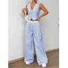 imageSHENHE Womens 2 Piece Outfits Striped Button Up Crop Vest and Wide Leg Loose Pants SetBlue