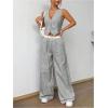 imageSHENHE Womens 2 Piece Outfits Striped Button Up Crop Vest and Wide Leg Loose Pants SetGrey