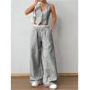imageSHENHE Womens 2 Piece Outfits Striped Button Up Crop Vest and Wide Leg Loose Pants SetGrey
