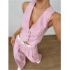 imageSHENHE Womens 2 Piece Outfits Striped Button Up Crop Vest and Wide Leg Loose Pants SetPink